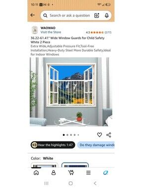 36.22-61.41" Wide Window Guards for Child Safety White 2 Piece